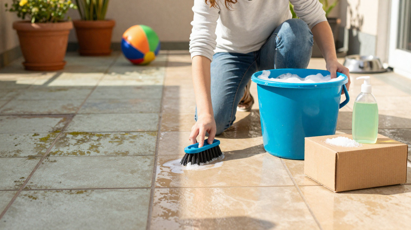 Pessoa a limpar chão de azulejos com escova, balde azul com espuma e detergente num pátio ensolarado.