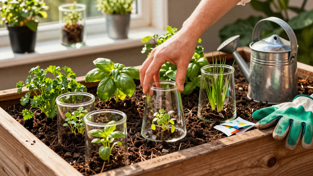 Mão a proteger plantas com copos de vidro em vaso de madeira, regador e luvas de jardinagem ao lado.