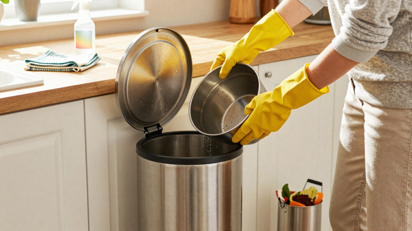 Pessoa com luvas amarelas a despejar água num balde de lixo de inox na cozinha iluminada.