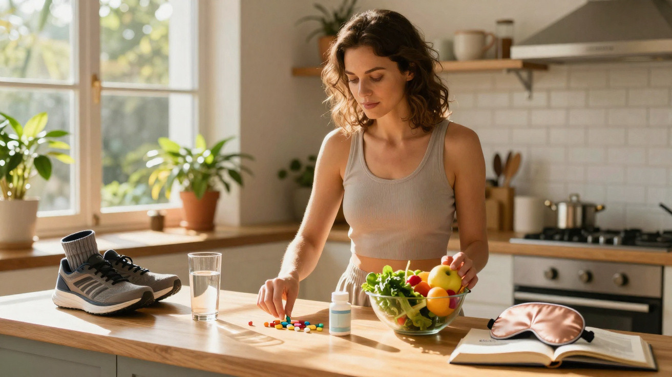 Mulher à mesa de cozinha a organizar comprimidos, com salada, garrafa de água, ténis e máscara para dormir.