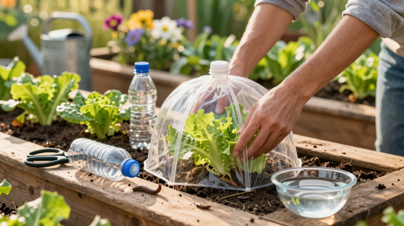 Mãos a proteger planta de alface com mini estufa transparente numa horta em canteiro elevado.