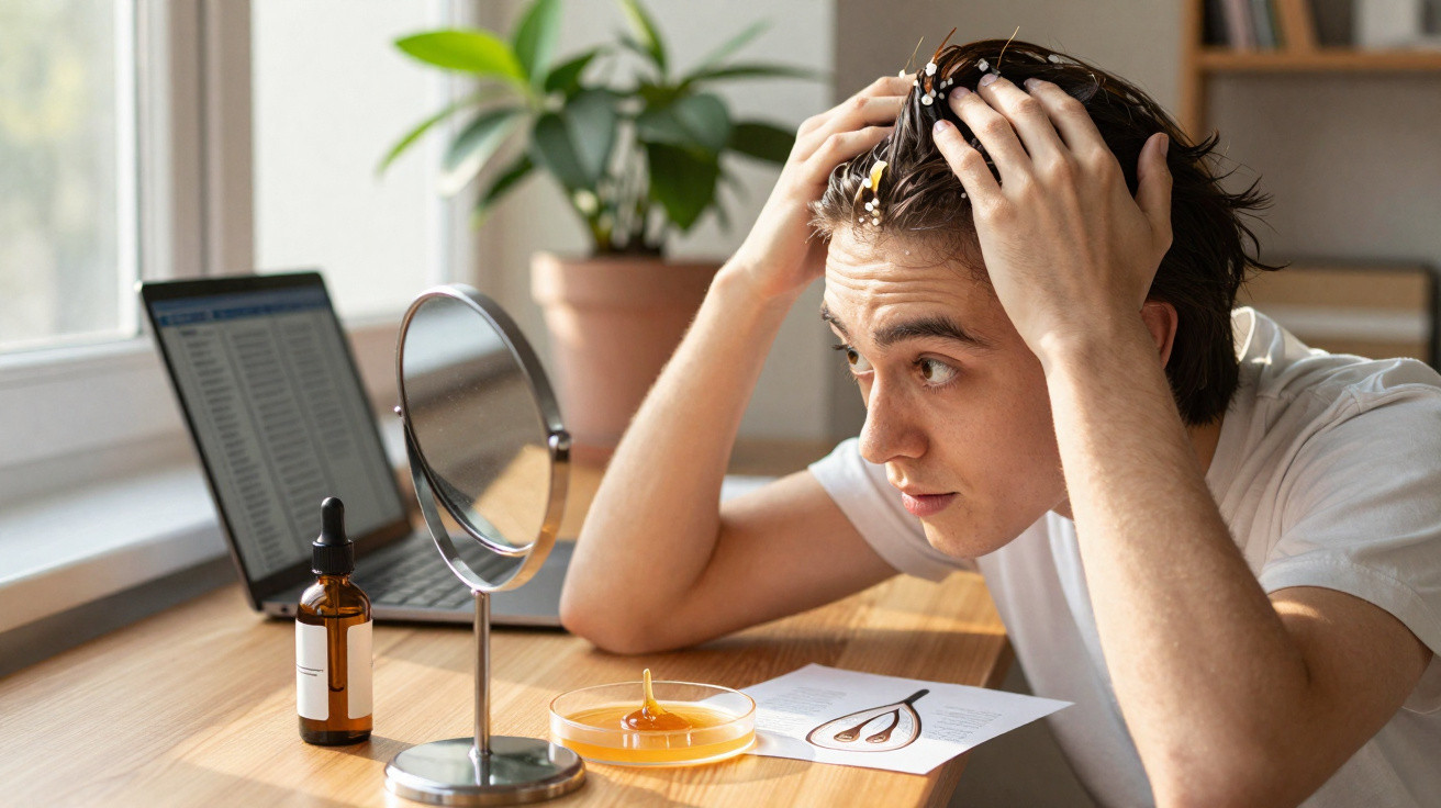 Jovem aplica produto para o cabelo sentado à mesa com espelho, laptop e plantas ao fundo.
