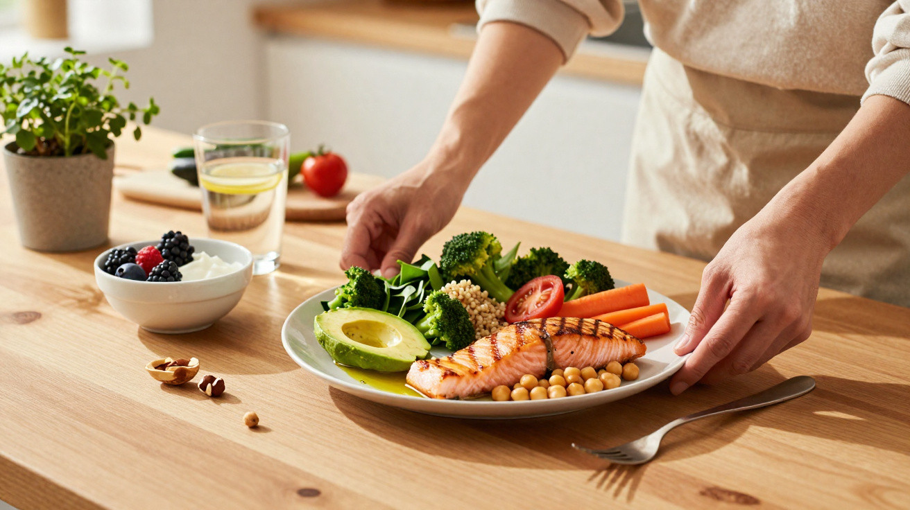 Pessoa a servir prato com salmão grelhado, legumes, abacate e grão-de-bico numa mesa de madeira.