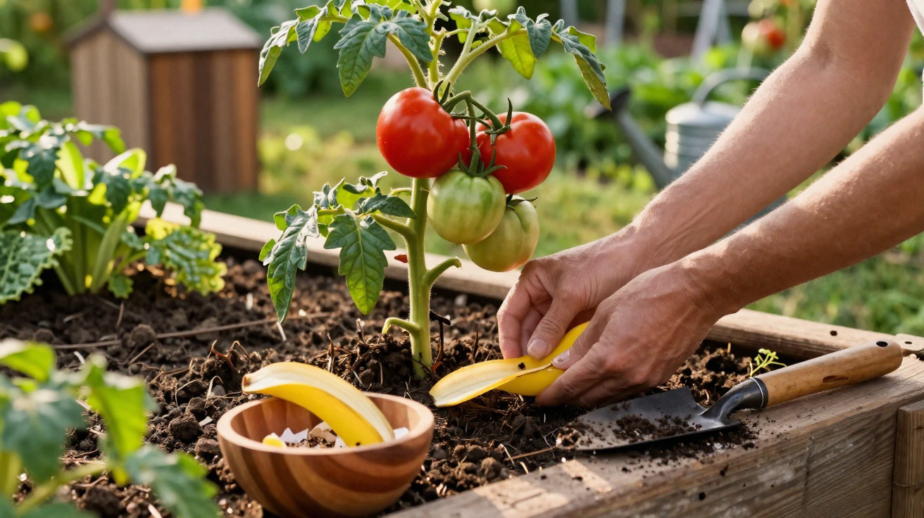 Mãos a fertilizar uma planta de tomate com cascas de banana num jardim elevado ao ar livre.