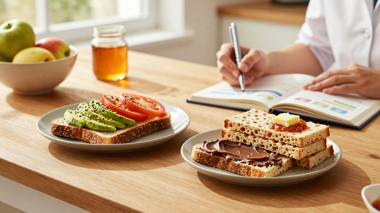 Tostas com abacate, tomate, creme de chocolate e manteiga numa mesa, pessoa a escrever num livro.