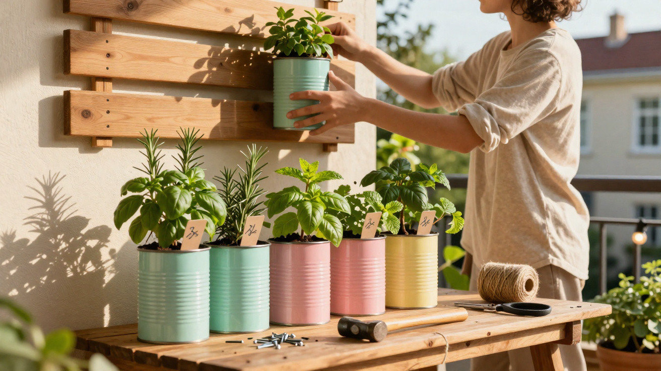 Pessoa a arranjar vasos com plantas aromáticas reciclados de latas coloridas num varandim ensolarado.