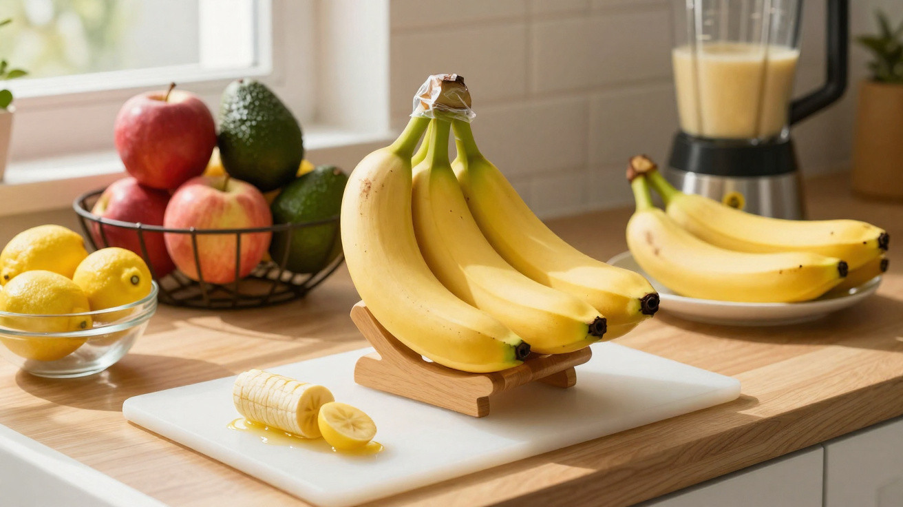Cacho de bananas frescas, frutas em cestos e liquidificador com smoothie numa bancada de cozinha iluminada.
