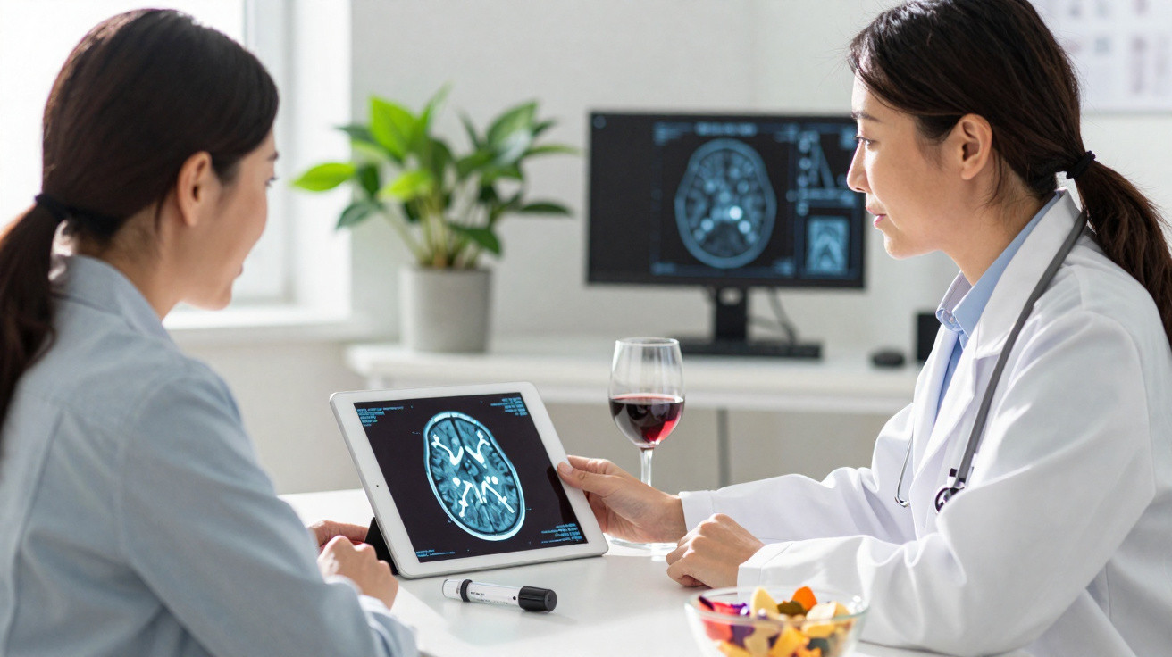 Médica explica exame cerebral a paciente usando tablet numa consulta iluminada e moderna.