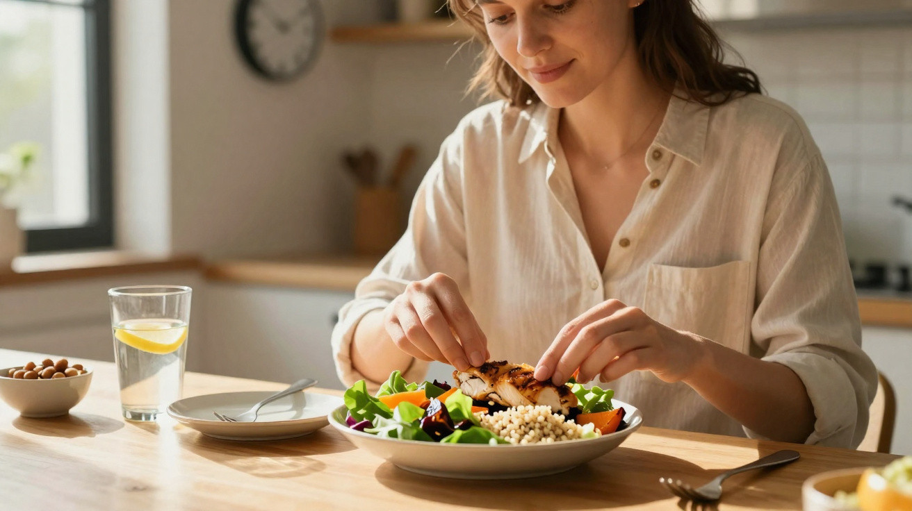 Mulher a preparar uma salada com legumes, couscous e frango grelhado numa cozinha luminosa.