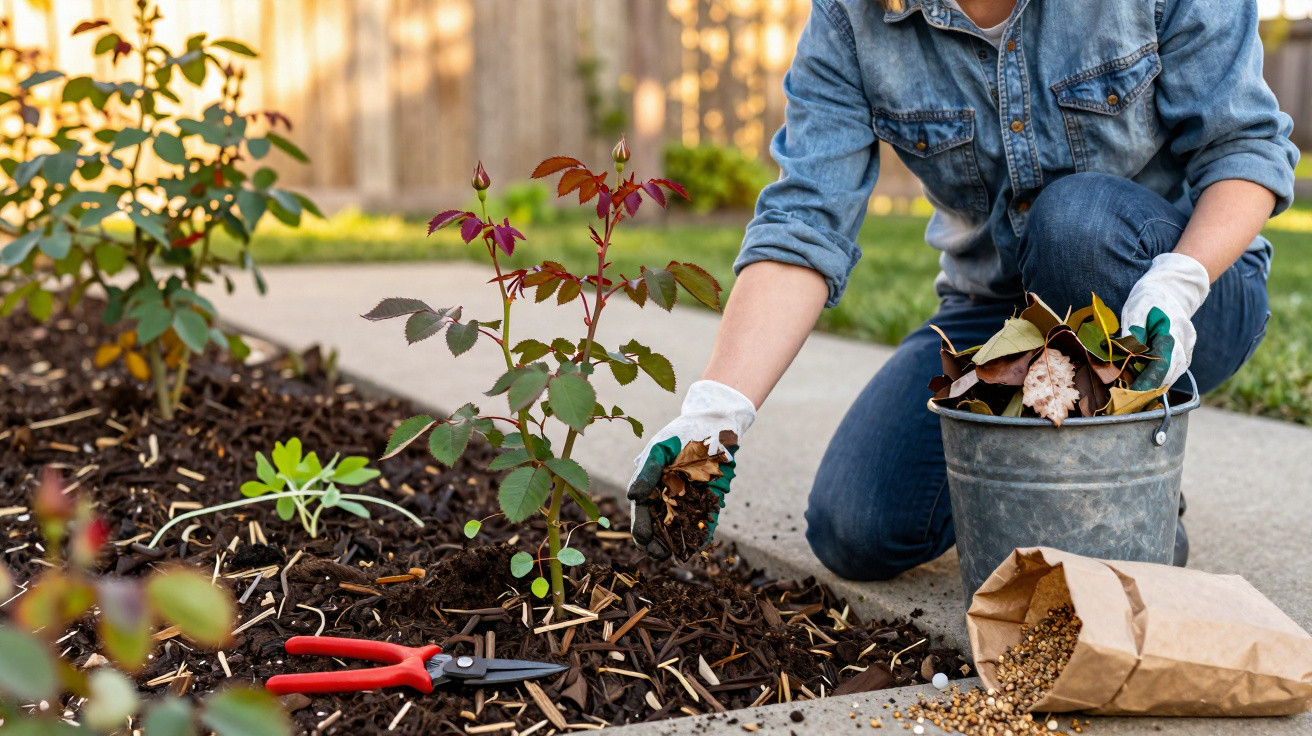 Pessoa a limpar folhas secas e a cuidar de planta num jardim com luvas brancas e tesoura vermelha.