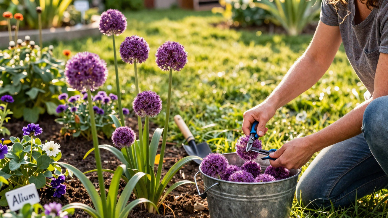 Pessoa a cortar flores de allium roxas num jardim ensolarado para pôr num balde metálico.