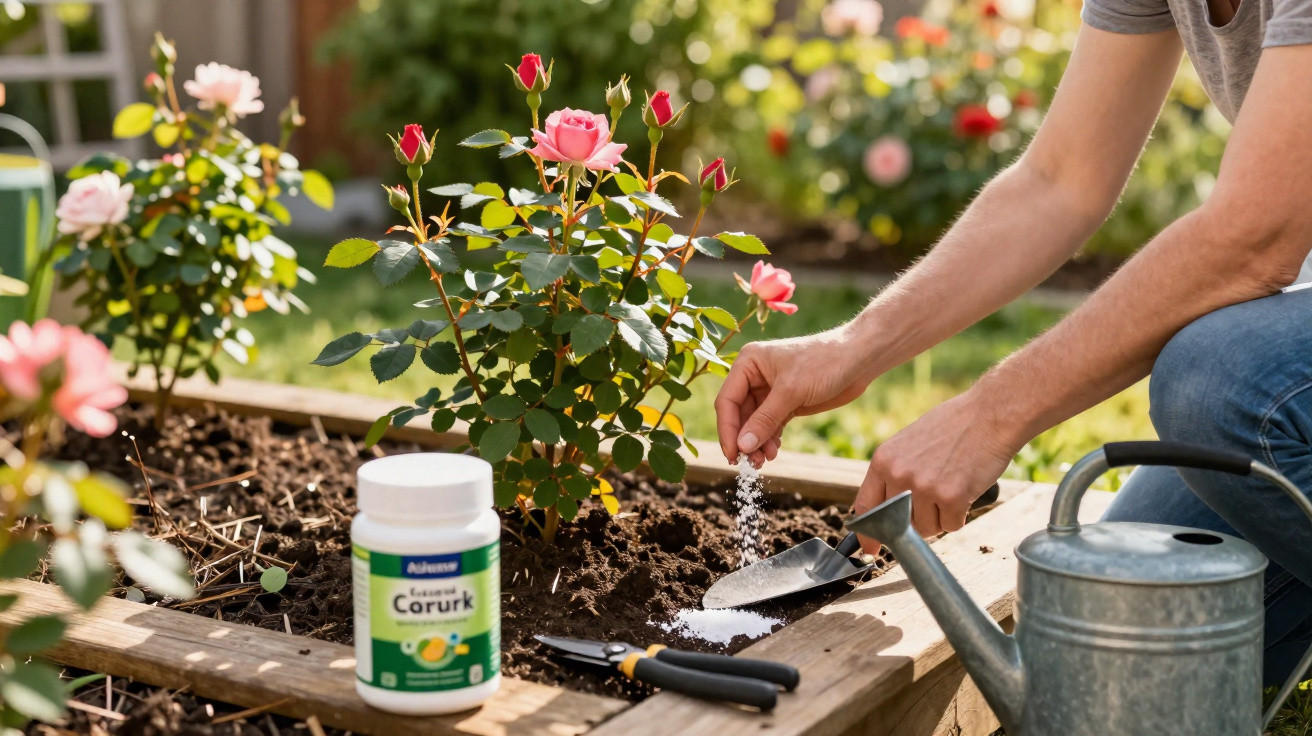 Pessoa a cuidar de rosas numa horta com fertilizante, regador e ferramentas de jardinagem.