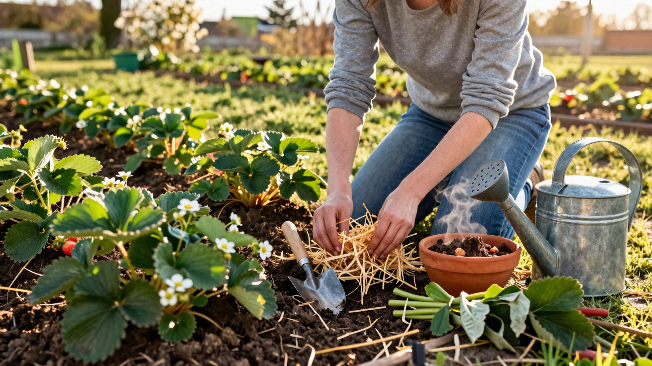 Pessoa a cuidar de plantas de morango num jardim, rodeada por ferramentas de jardinagem e regador metálico.