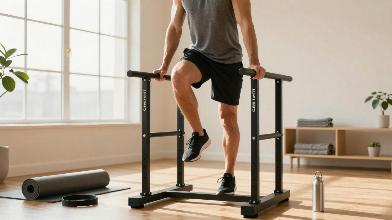 Homem a fazer exercício com barras paralelas num espaço de treino luminoso e organizado.