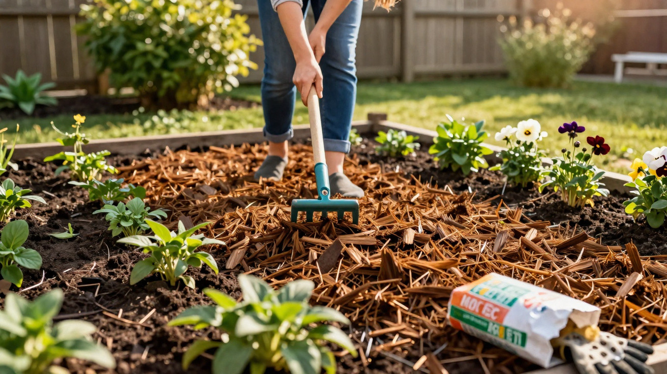 Pessoa a usar ancinho para cuidar de canteiro com plantas e flores num jardim ensolarado.