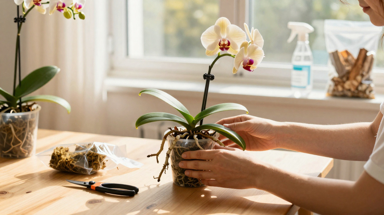 Pessoa a cuidar de orquídea branca num vaso transparente, sobre mesa de madeira, perto de janela iluminada.
