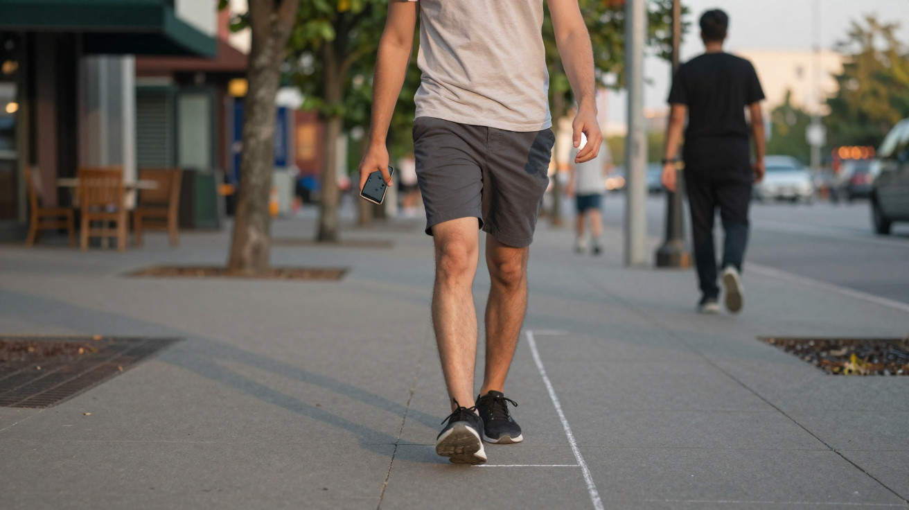 Pessoa a caminhar numa calçada urbana com telemóvel na mão e outras pessoas ao fundo.