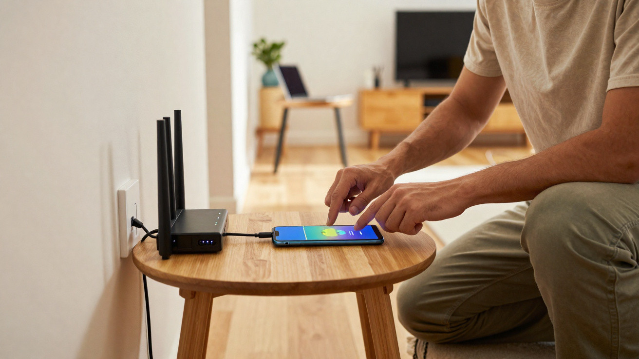 Pessoa a interagir com smartphone ligado a router numa mesa redonda de madeira num ambiente doméstico.