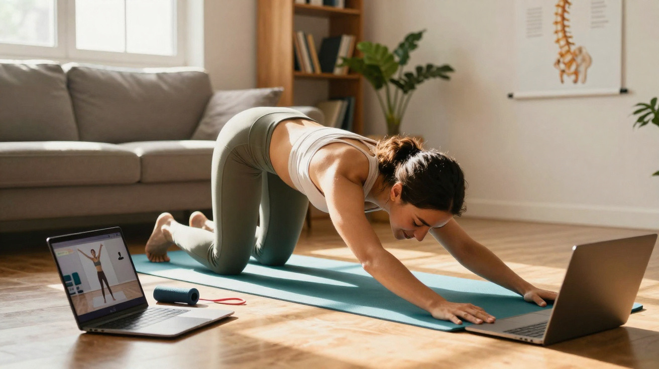 Mulher a fazer yoga em casa, numa esteira, seguindo aula online em dois portáteis.