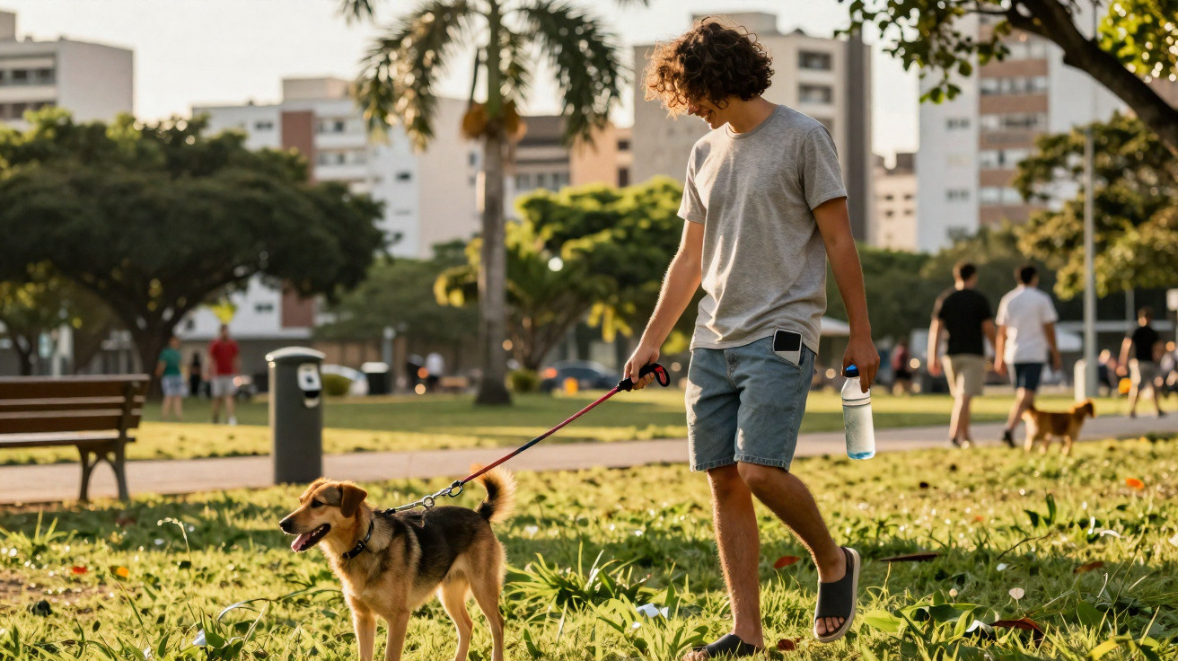 Jovem a passear com cão à trela num parque urbano com árvores e prédios ao fundo.
