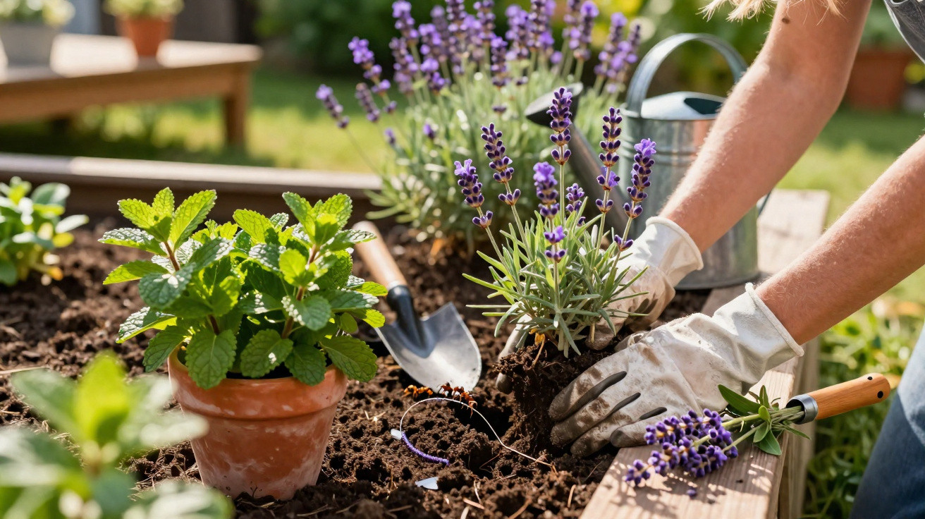 Pessoa a plantar lavanda num canteiro elevado com luvas de jardinagem e vasos com ervas aromáticas.