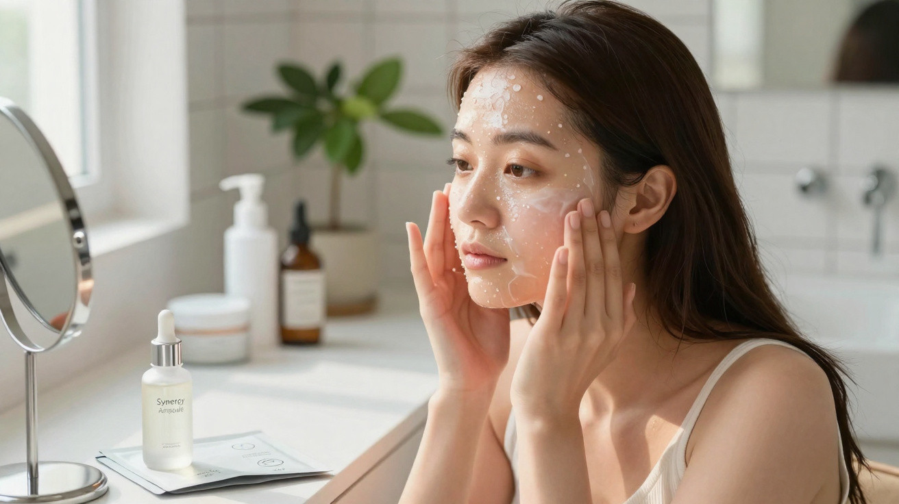 Mulher asiática a aplicar máscara facial transparente num banheiro moderno e iluminado.