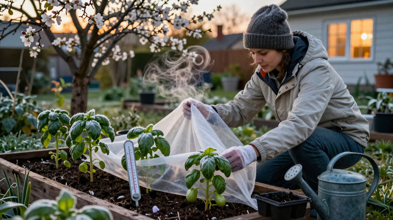 Mulher a proteger plantas numa horta com manta térmica ao pôr do sol num jardim doméstico.
