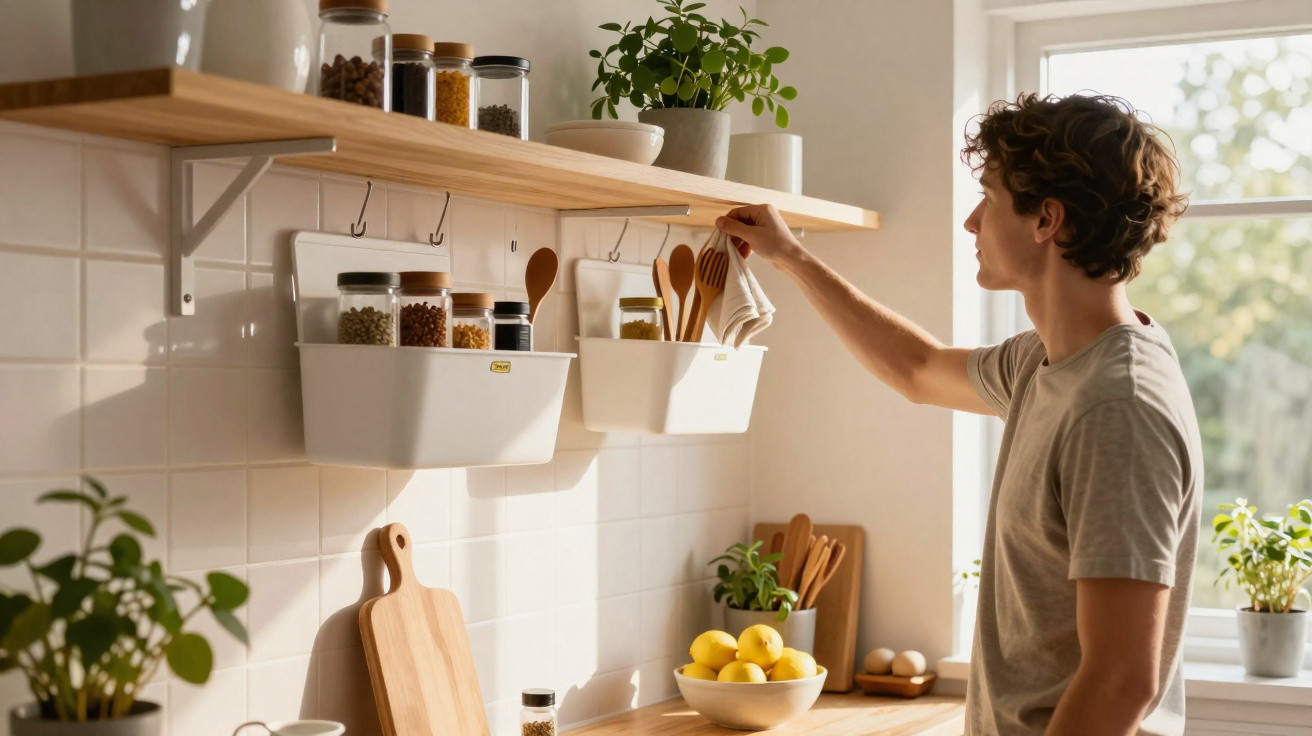 Pessoa a organizar utensílios de cozinha numa prateleira com plantas e comida natural ao redor.