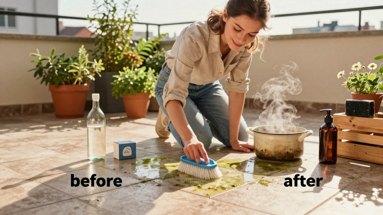Mulher a limpar o chão de um terraço com escova, com plantas ao fundo e um tacho fumegante.