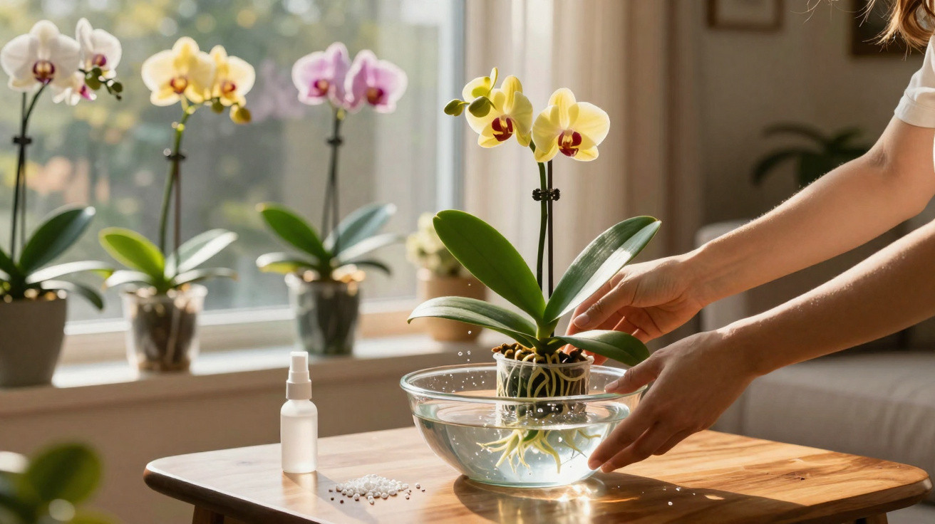 Pessoa a mergulhar uma orquídea amarela em água numa sala com outras orquídeas num parapeito.