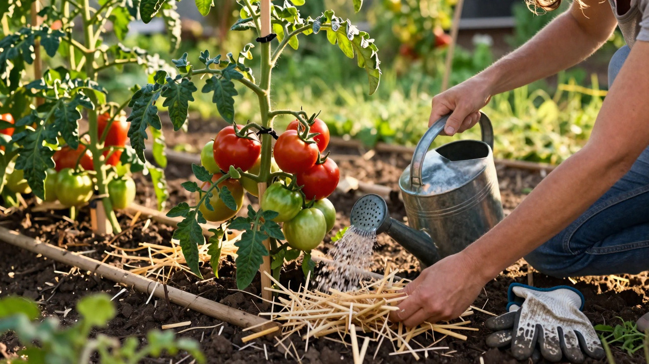 Pessoa a regar plantas de tomateiros com frutos verdes e vermelhos num jardim.