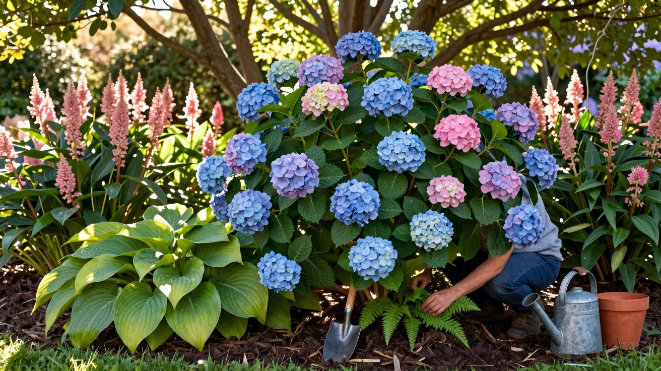 Pessoa a cuidar de hortênsias azuis, roxas e cor-de-rosa num jardim com outros tipos de plantas.