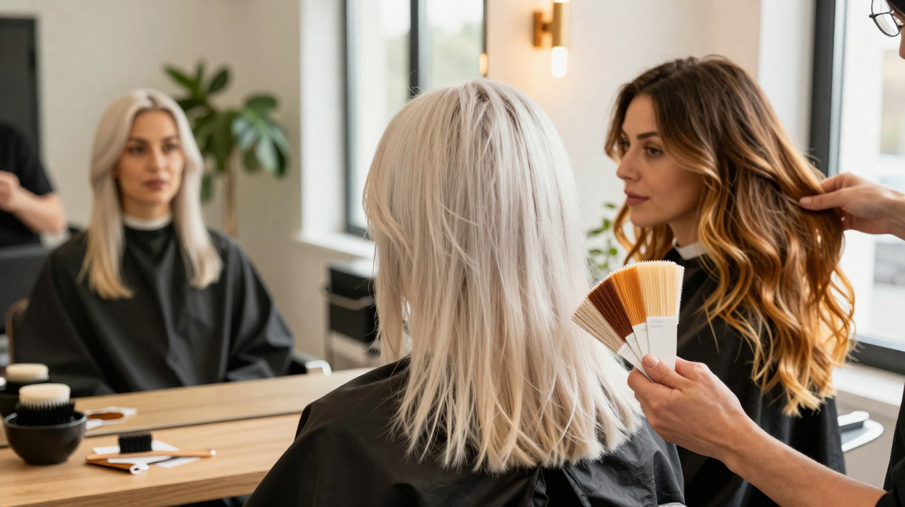 Mulher com cabelo loiro comprido sentada num cabeleireiro a escolher cor de cabelo com estilista.