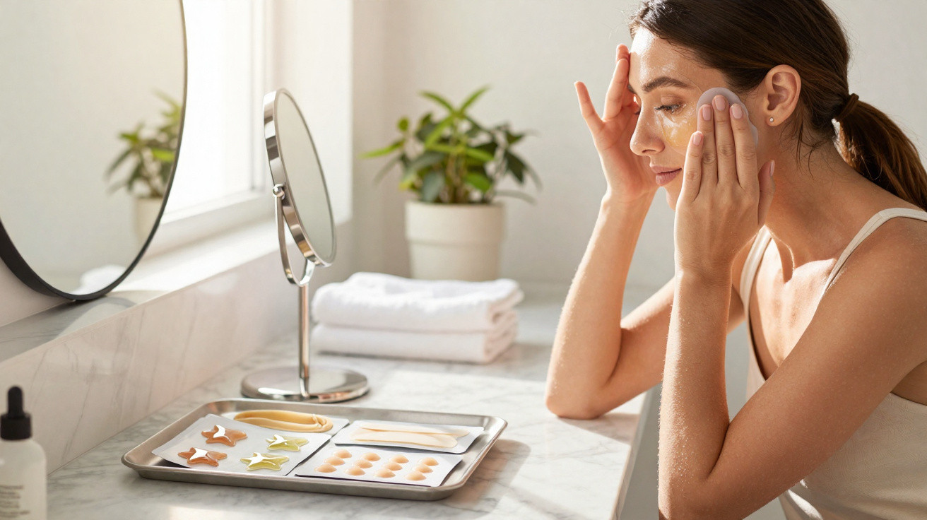 Mulher a aplicar creme no rosto sentada à frente de um espelho numa mesa com produtos de beleza.