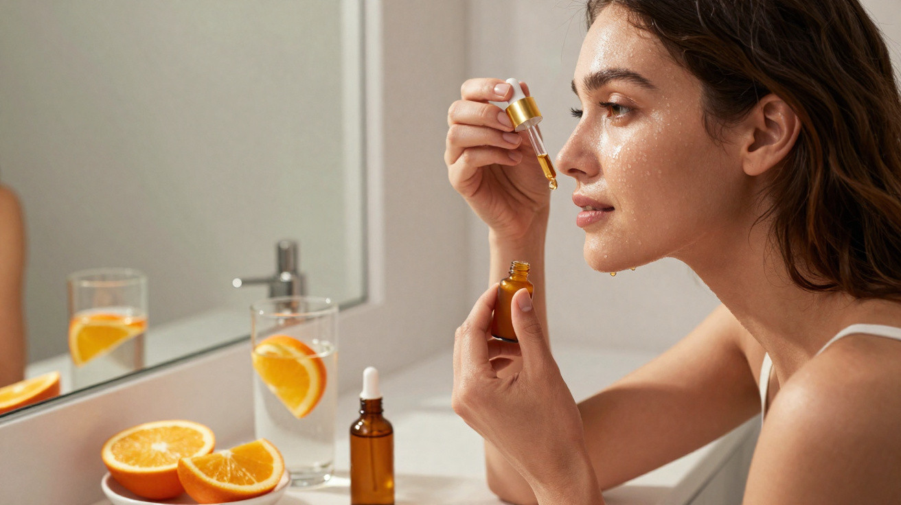 Mulher a aplicar sérum facial com conta-gotas na cara, com halteres de laranja e copo de água ao lado.