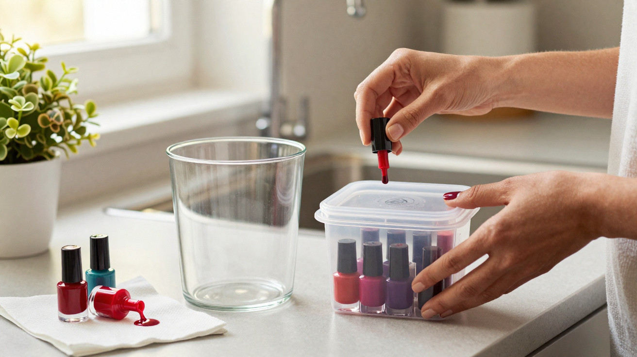 Mãos a retirar verniz de unhas vermelho de caixa plástica numa bancada de cozinha iluminada.