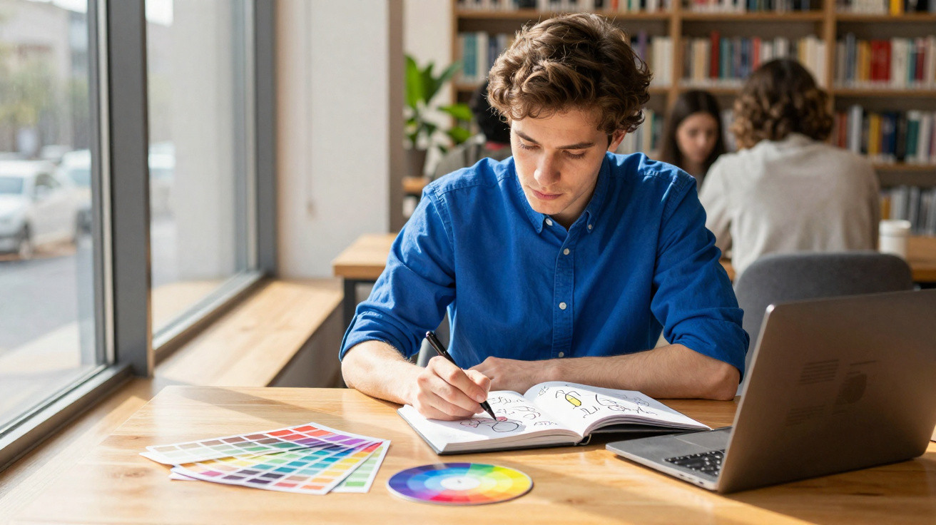 Jovem a desenhar num caderno, com paletas de cores e computador numa mesa junto a uma janela numa biblioteca.
