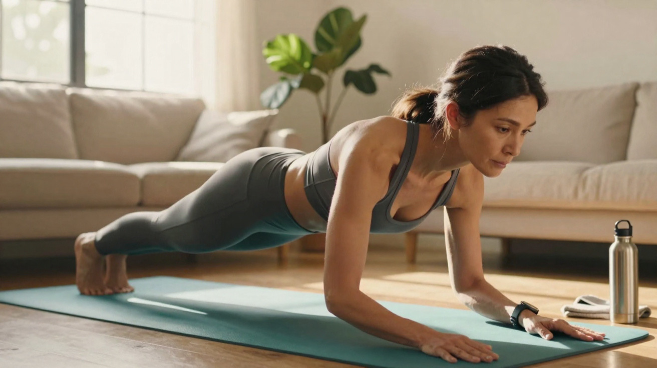 Mulher a fazer prancha abdominal numa sala de estar, com tapete azul e garrafa metálica ao lado.