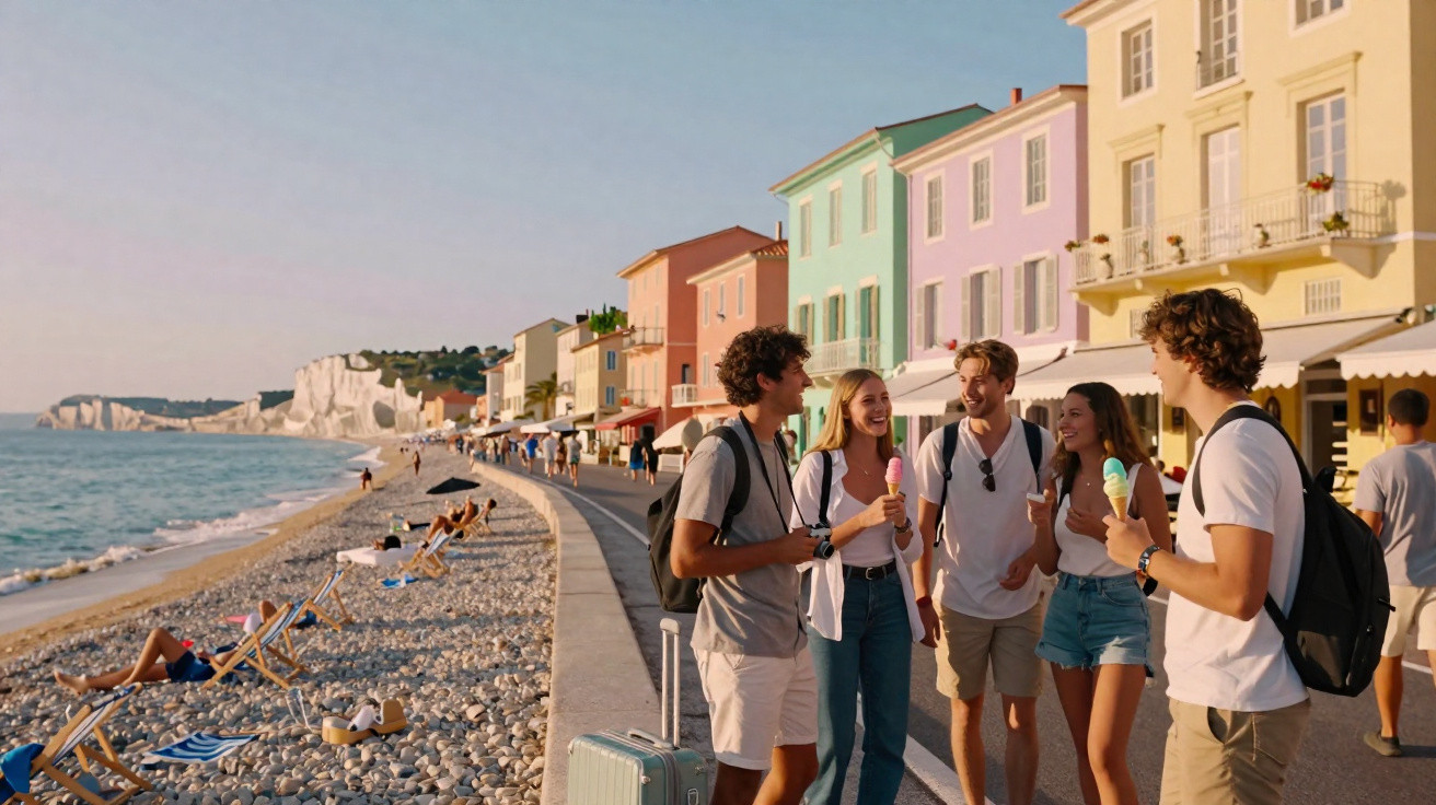 Grupo de jovens com gelados junto à praia e casas coloridas à beira-mar ao entardecer.