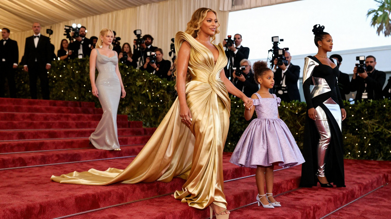 Beyoncé em vestido dourado elegante com sua filha de vestido lilás, descendo escadas vermelhas em evento formal.