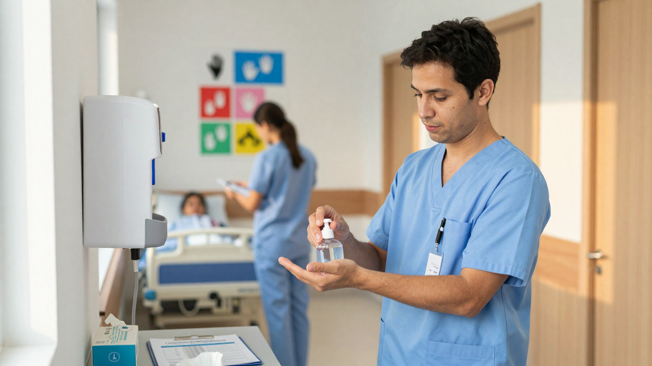 Profissional de saúde em uniforme azul a aplicar desinfetante nas mãos num corredor de hospital.