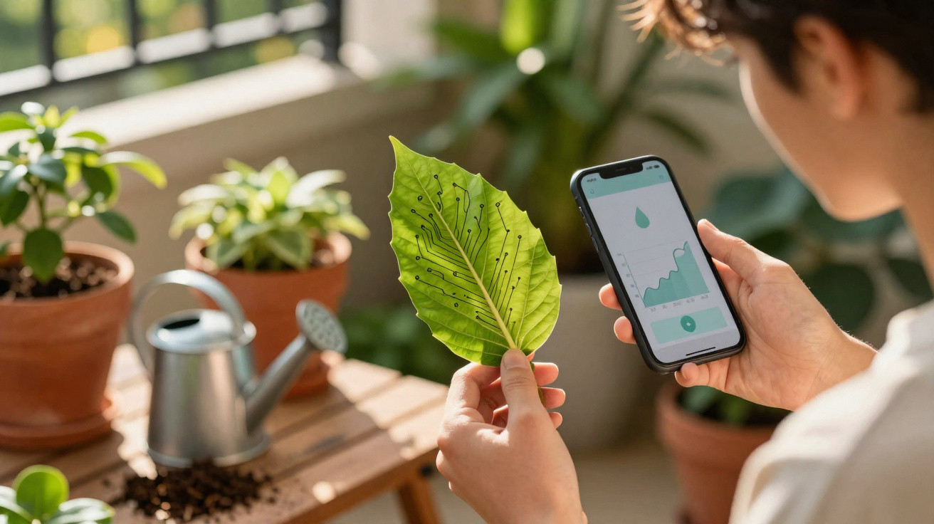 Pessoa segura folha com padrão digital e smartphone a mostrar gráfico de crescimento da planta.