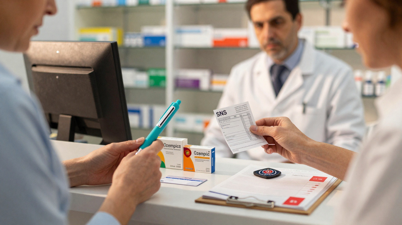 Paciente entrega receita ao farmacêutico enquanto discutem medicação Ozempic numa farmácia.