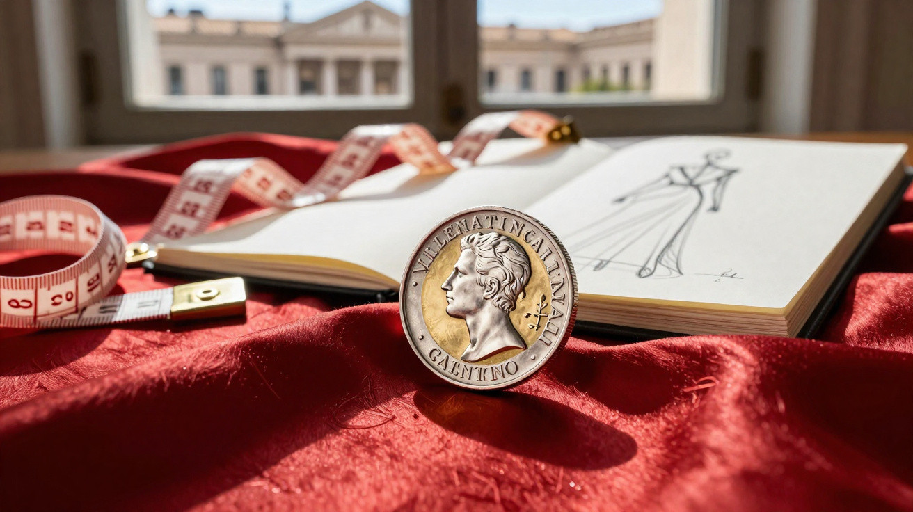 Moeda dourada com perfil masculino, fita métrica e desenho de vestido em caderno sobre tecido vermelho.