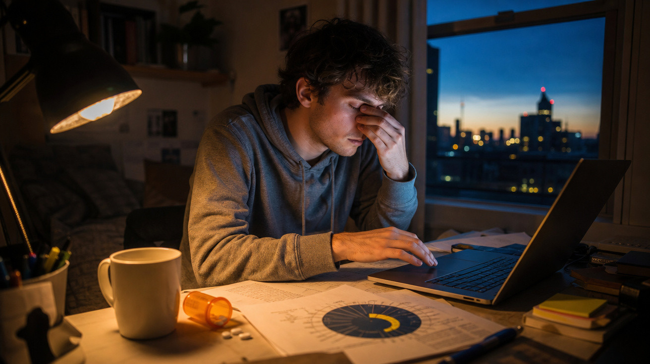 Jovem cansado a trabalhar no computador à noite com documentos e medicação numa mesa iluminada.