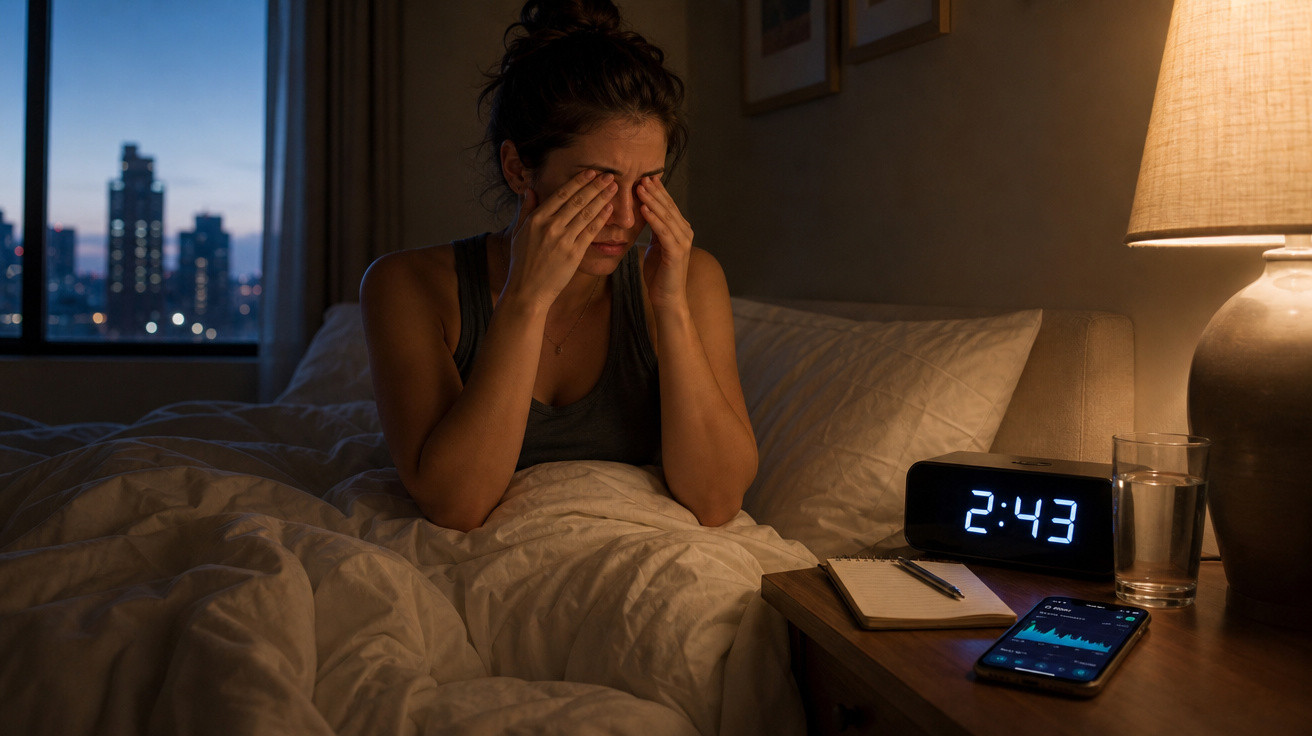 Mulher sentada na cama a esfregar os olhos, às 2:43 da madrugada, com luz fraca e vista noturna.