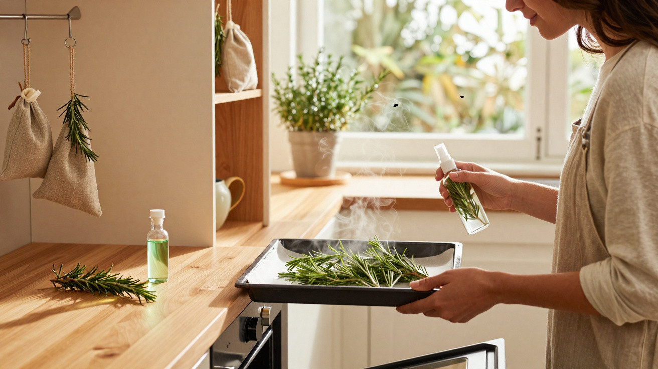 Pessoa borrifando ervas aromáticas frescas num tabuleiro na cozinha moderna com luz natural.