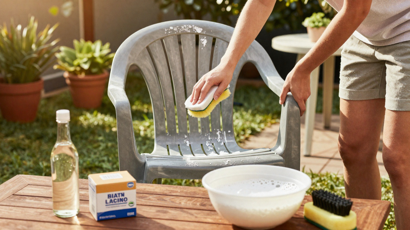 Pessoa a limpar cadeira de plástico cinzenta no jardim com esponja e detergente, ao lado de mesa com artigos de limpeza.