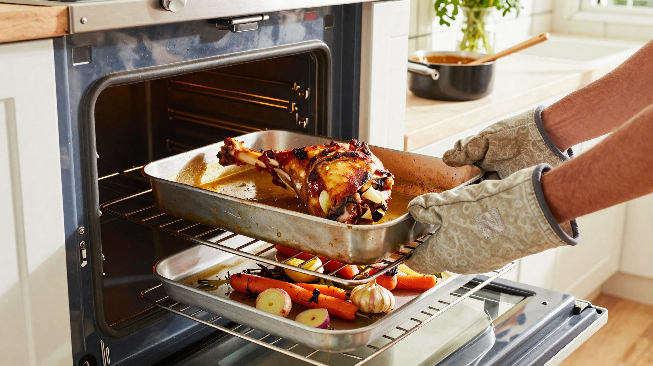 Pessoa a retirar assado de carne do forno com luvas de proteção numa cozinha moderna.