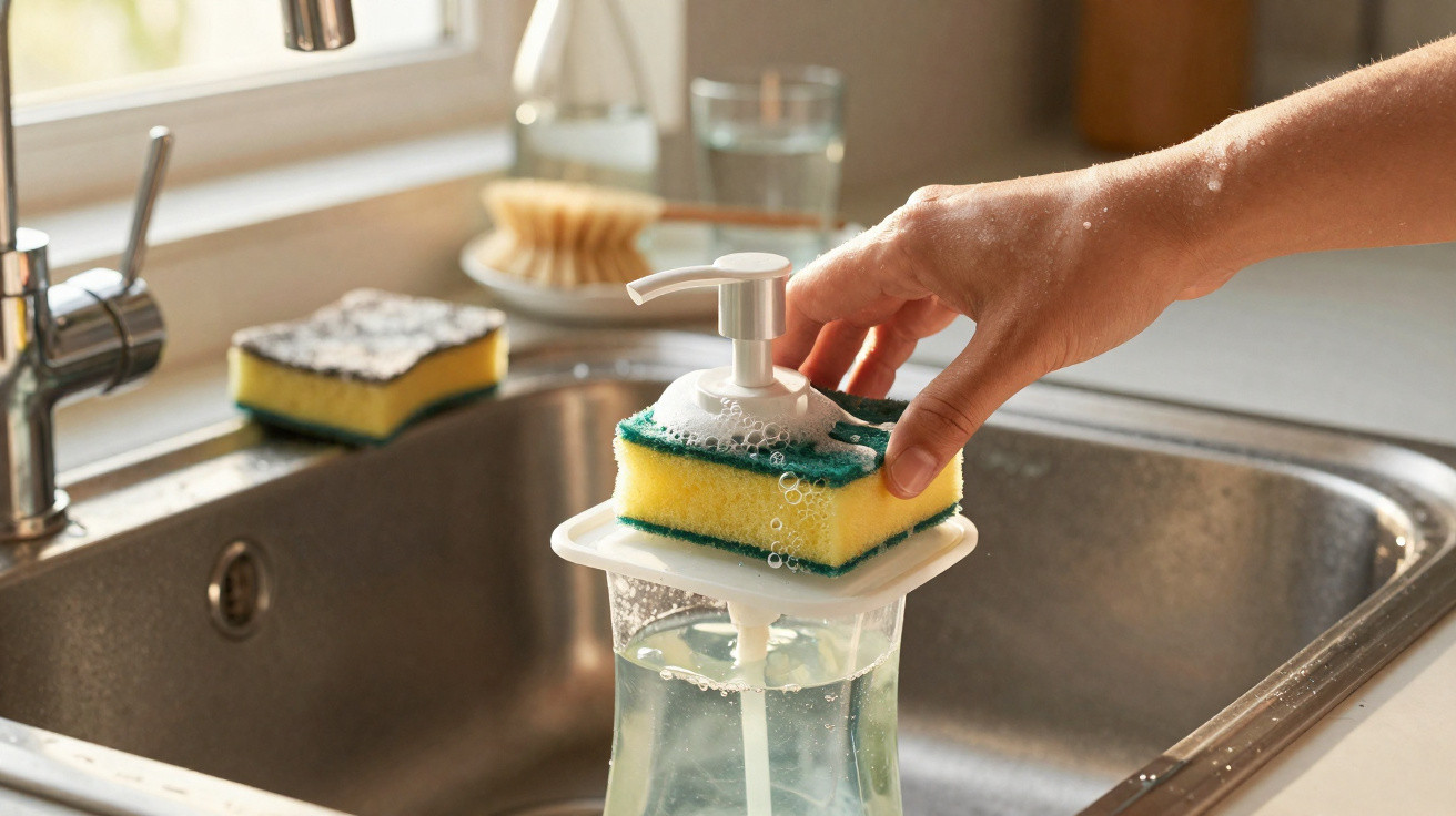Mão a pressionar doseador de detergente com esponja amarela e verde ao lado da cuba da cozinha.